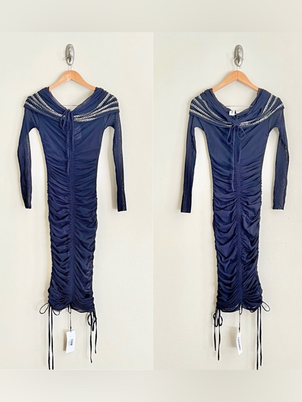 JEAN PAUL GAULTIER Crystal Embellished Mesh Off Shoulder Ruched Dress in Navy - Picture 6 of 13
